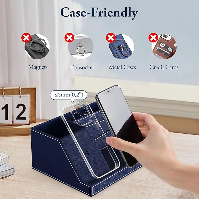 TopMade Wireless Charger Desk Organizer, Leather Multi-Functional Office Supplies Desk Accessories, Remote Control Pen Holder Fast Charging Station, for iPhone Charger Stand, Gifts for Men (Blue)