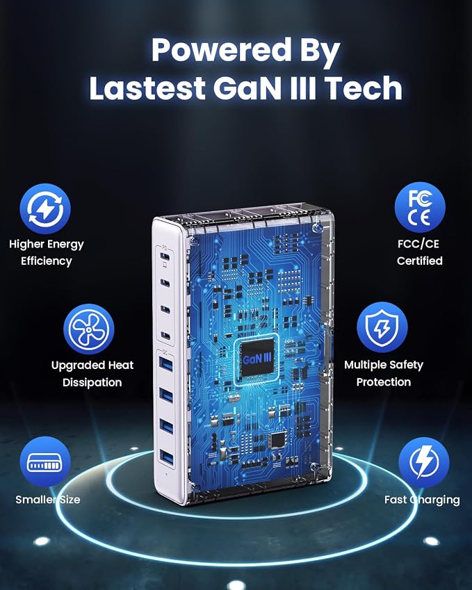 USB C Charger 200W USB C Charger Block,Upgraded GaN III 8-Port Fast Charging Station Hub,PD 65W Laptop Charging Adapter Compatible with MacBook Pro/Air,DELL,Steam Deck,iPhone 16/15/14,Galaxy S23/22