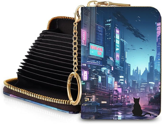Blusabaca Cyberpunk Neon Art Credit Card Holder for Women, Small RFID Wallet with Zipper, Card Keychain Wallet, Leather Card Case, Business RFID Blocking Accordion Purse Wallet Gift