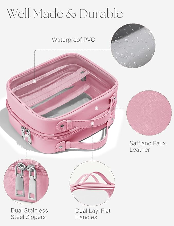 Clear Cosmetic Bag Double Layer Travel Toiletry Bag Clear Makeup Bag Case with 4 Compartments, Transparent Travel Bag for Toiletries, Large Toiletry Bag for Women Cosmetic Case (Pink, Large)