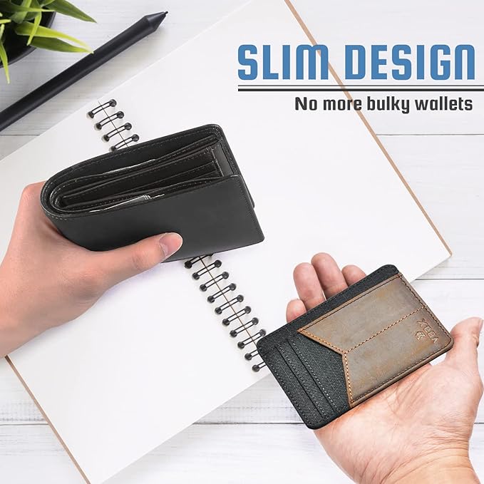 RFID Slim Wallet for Men Women, 8 Card Slot Leather Minimalist Front Pocket Credit Card Holders Black Vintage Leather