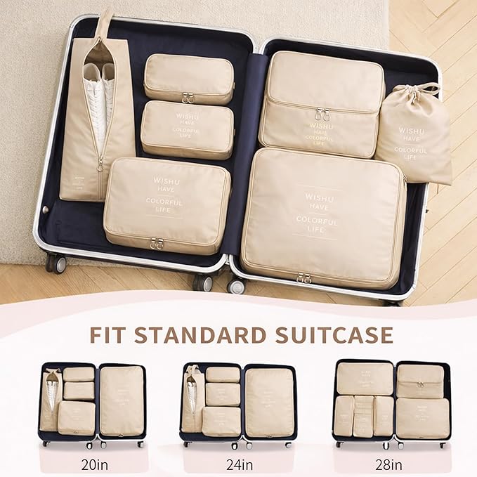 7 Set Packing Cubes For Travel | Luggage Organizer Bags With Shoe, Laundry Bag, Accessory Pouch And Lingerie Bag | Durable And Space Saving Suitcase Organizer For Travel Essentials | Beige