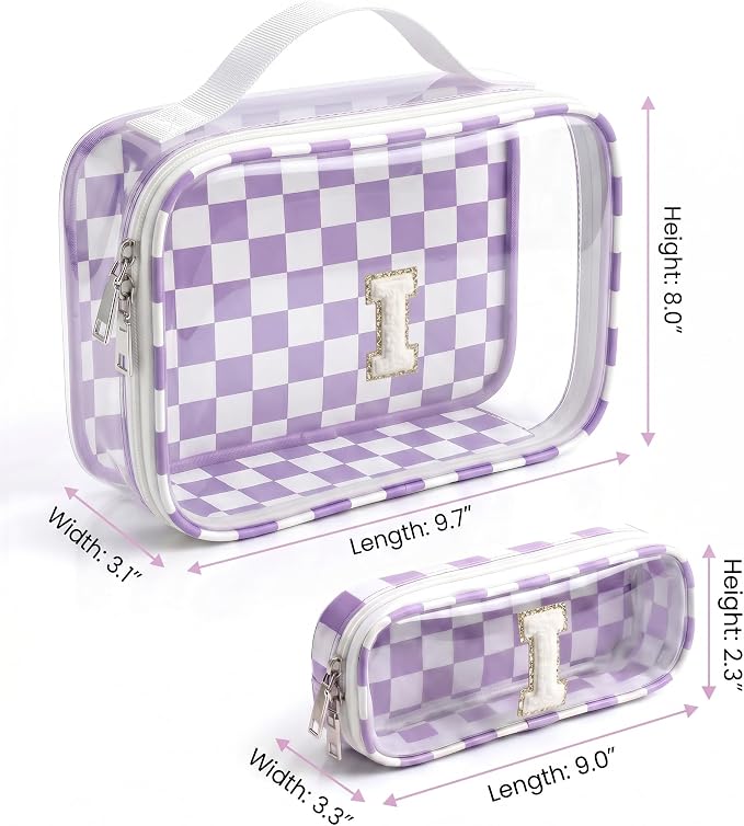 Preppy Personalized Initial Monogram Makeup Bag Set - Checkered Clear Sunscreen Cosmetic Pouch Case for Women - Teacher, Sister, Friendship or Birthday Gifts Travel Beach Essentials (I,Purple&Beige)