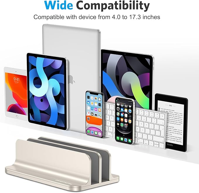 OMOTON Vertical Laptop Stand [Updated Double Version], Desktop Aluminum Mac Book Stand with Adjustable Dock Size, Fits All Mac Book, Surface, Chrome Book and Gaming Laptops (Up to 17.3") (Starlight)