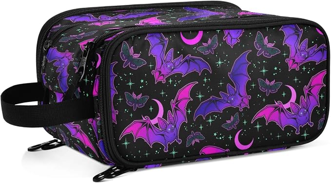 MNSRUU Travel Makeup Bag, Purple Bat Gothic Makeup Bag Large Capacity Cosmetic Bag Organizer, Portable Toiletry Bag for Travel Size