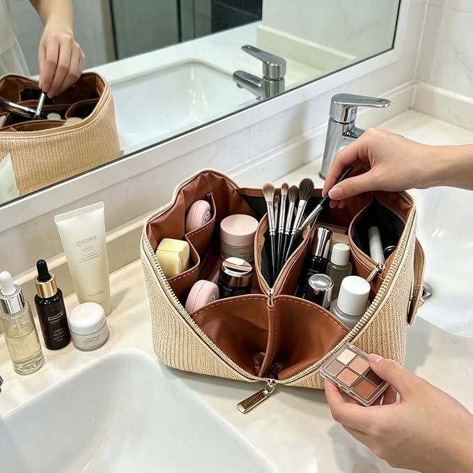 Travel Makeup Bag with Compartments & Organizers – Flat Open Cosmetic Pouch for Women, Purse-Style Design for Traveling, Perfect for Toiletries & Cosmetics(Gold)
