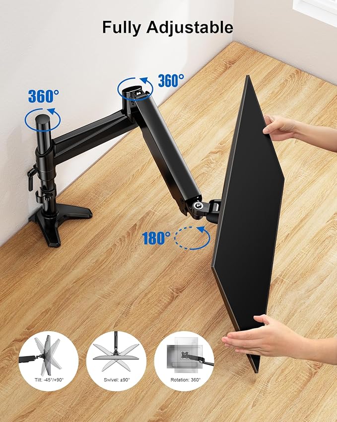ERGOAV Single Monitor Desk Mount, Adjustable Monitor Stand Fits 13-34??Monitors up to 17 lbs, Tilt, Swivel, and Height Adjustment, Desk Clamp & Grommet Mount Included, VESA 75x75/100x100mm
