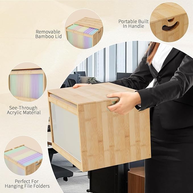 Bamboo Hanging File Boxes with Lids 2 Pack, File Organizer Box for Letter/Legal File, File Box with Hanging Folders Acrylic Light Easy Assembly File Storage Boxes for Office Home, Natural