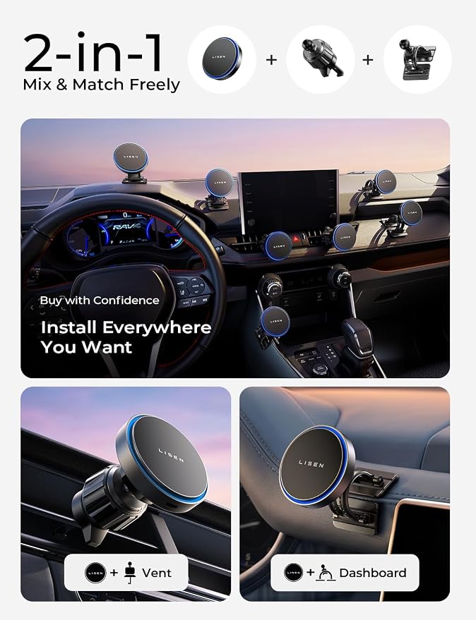 LISEN 15W MagSafe Car Mount Charger,[Light Pink] Magnetic Wireless Car Charger, Dashboard & Air Vent Car Phone Mounts, Car Phone Holder for iPhone 17-12, Samsung, Pixel, Cute Car Accessories for Women | [Light Pink & Purple LED light] Magsafe Car Mount...