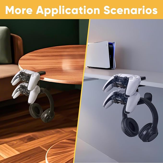 3 in 1 Under Desk Headphone Hanger with Adjustable Clamp Mount, 2 Controller Slots & 1 Headset Universal Holder Stand, Rotatable Hook Rack & Cable Organizer, for Home Gaming Xbox ps5 - Black
