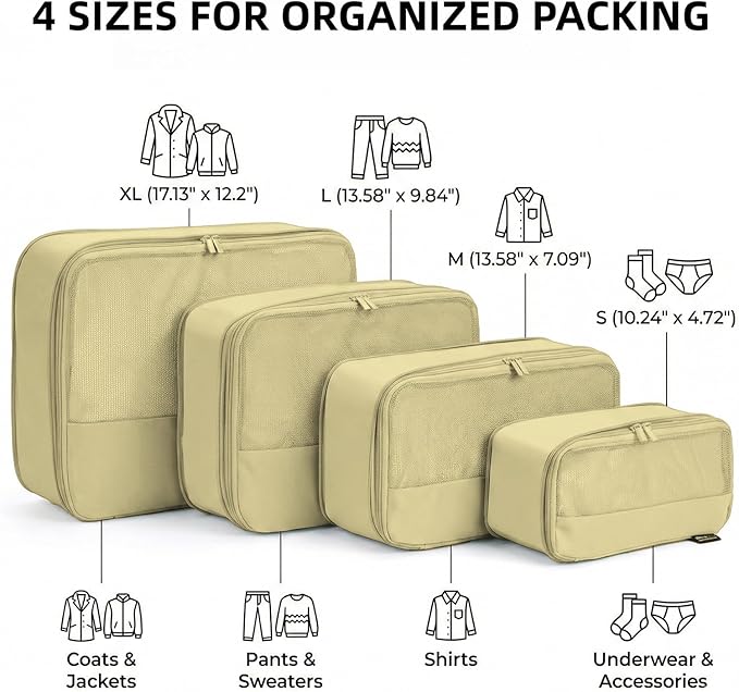 4 Piece Compression Packing Cubes for 3–7 Day Travel, Space Saving Travel Organizers with Breathable Mesh, Double-Zipper Packing Cubes for Carry-On & Suitcases (Yellow)