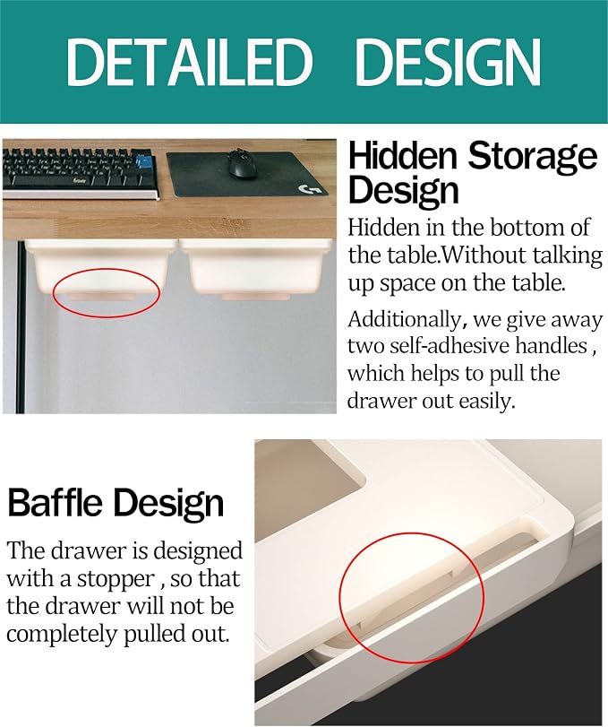 SVNNELP 2Pack Under Table Desk Drawer Storage Organizer Slide Out, Hidden Self-Adhesive Under Desktop Pencil Tray Drawer for Office,Classroom,Kitchen(S/white）