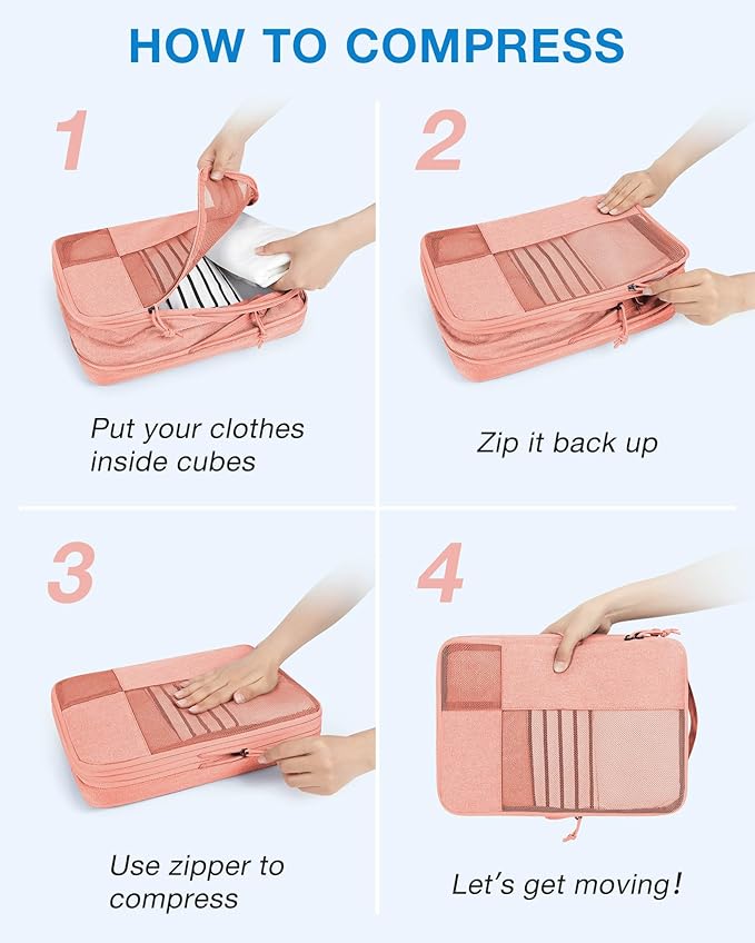 BAGSMART Compression Packing Cubes for Travel, 6 Set Packing Cubes for Carry on Suitcases, Compression Travel Cubes & Suitcase Organizer for Packing with Shoe Bag Orange