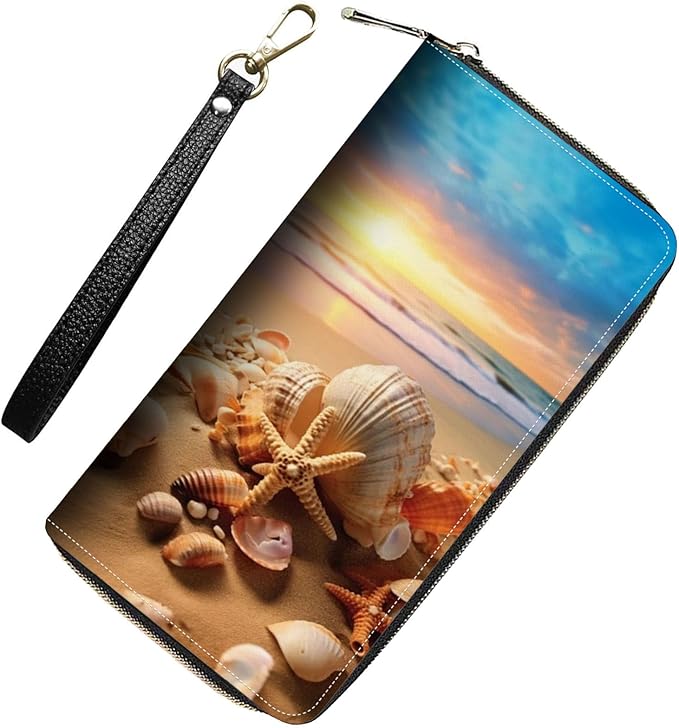 Womens Wallet,RFID Blocking Large Capacity Clutch,Zip Around Leather Purse with 8 Card Slots,Bill Compartments Coin Pocket - Beach Starfish Shell Sky