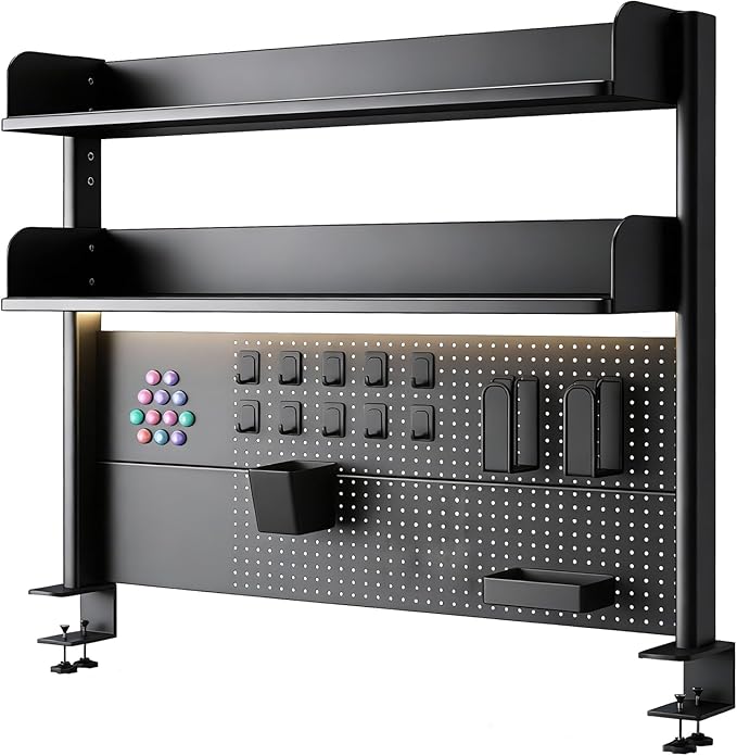 CHSSIH Clamp On Desk Pegboard Shelf - Metal Desktop Organizer Hutch with 2 Shelves for Storage and Display, Desk Add-On Shelf for Office, Dorm, or Computer Monitor Stand, Black, 23.6In