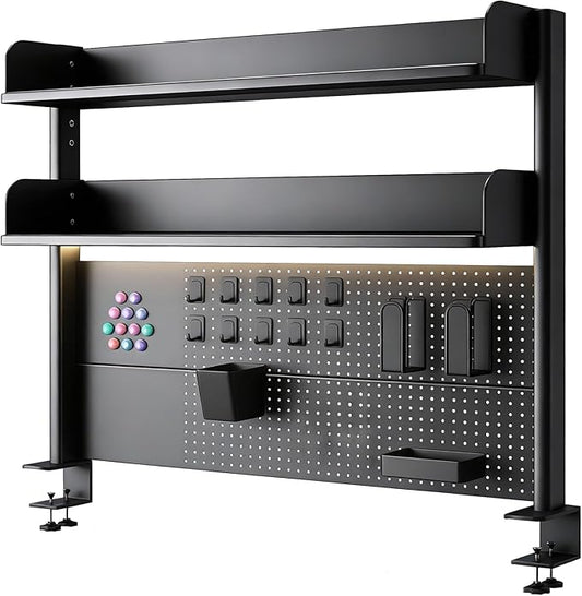 CHSSIH Clamp On Desk Pegboard Shelf - Metal Desktop Organizer Hutch with 2 Shelves for Storage and Display, Desk Add-On Shelf for Office, Dorm, or Computer Monitor Stand, Black, 31.4In