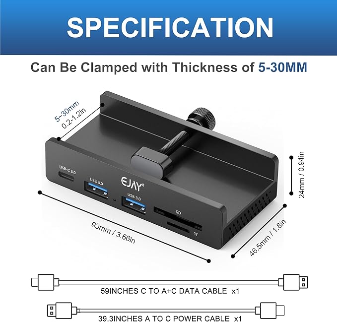 EJAY 5Ports USB3.0 HUB Alu Splitter Desktop Docking with Card Reader for Desk/Monitor Clipping with Extra Power Supply Port,59inches Data & 39inches Power Cable-5Gbps(Black)