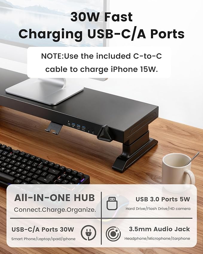 Height Adjustable Monitor Riser with 6-Port Hub ??37.6" Extra Wide Desk Stand for Dual Monitors, Continuous Height Adjustment 4.33??.69" via Knob, USB-C Fast Charging, Carbon Steel Black