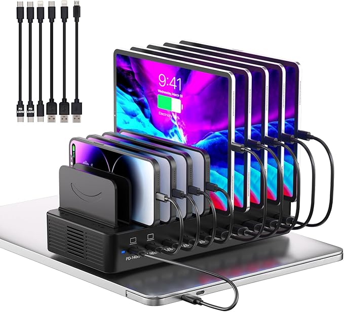 620W Charging Station for Multiple Devices, 10-Port USB C Fast Charger Station, Dual 140W PD3.1 PPS Charging Dock with Adjustable Dividers & 6 Cables - for Laptop MacBook, iPhone, iPad