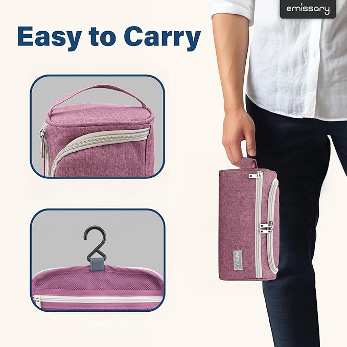 emissary Travel Hanging Toiletry Bag, Lightweight Travel Makeup Organizer for Women, Waterproof Cosmetic Makeup Bag Organizer with Hanging Hook for Accessories,Essentials, Toiletries, Pink