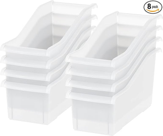 IRIS USA Plastic Book Bin Magazine Holder, 8-Pack, Vertical Standing Connecting Container Box for Office Dorm Study Homework Binder Notebook File Craft Stationery Supplies Organizer Caddy, Clear
