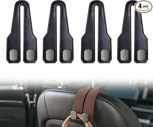 2026 New Headrest Hooks for Car, Car Seat Back Storage Hook, Leather Seat Back Storage Hook Organizer, Twin Hook Design Heavy Duty Holder for Purse, Bags, Handbag, Grocery, Umbrella (4, Carbon Fiber)