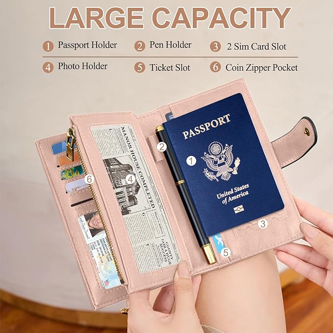BKNOOU RFID Passport Holder Travel Wallet for Women, Compact Travel Passport Wallet with Zippered Coins Pocket, Leather Passport Cover Travel Wallet for Travel Essentials