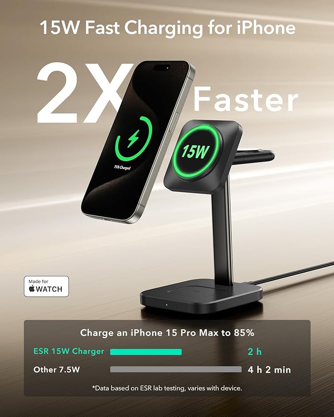 ESR Qi2 3 in 1 Wireless Charging Station, [Certified] Apple Watch Charger & 15W Qi2 MagSafe Charger Stand for iPhone, Wireless Charger for Multiple Devices iPhone 16/15/14/13&Watch&AirPods,Black