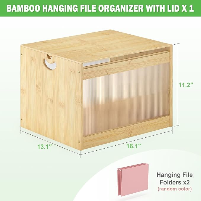 Hanging File Box Organizer for Letter Size, Bamboo Acrylic File Folder Storage with Lid Clear Moving Boxes Wooden with Handle Desktop Wood Filing Holder for Office Nature 1 Pack