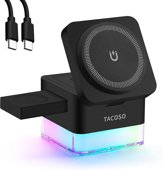 Wireless-Charger 3 in 1 Apple-Charging-Station-Cube Nightlight Lamp 15W Magnetic Charger Stand Foldable Charging Dock for iPhone 16/15/14/13/12/AirPods/Apple Watch(No Adapter)