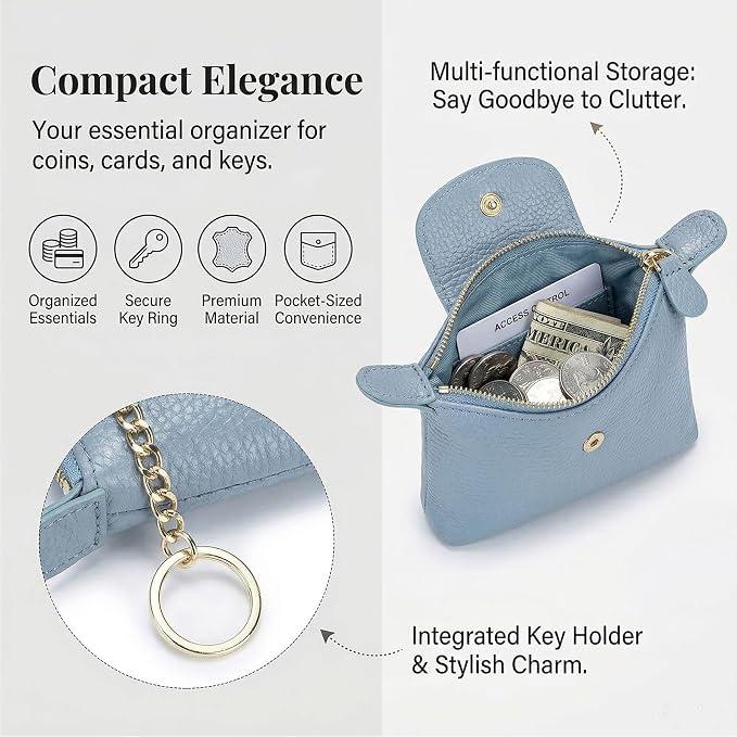 Women's Genuine Leather Mini Coin Purse and Wrist Bag - Coin Organizer, Change Holder, Card Case, Zipper Storage Bag in Water Blue