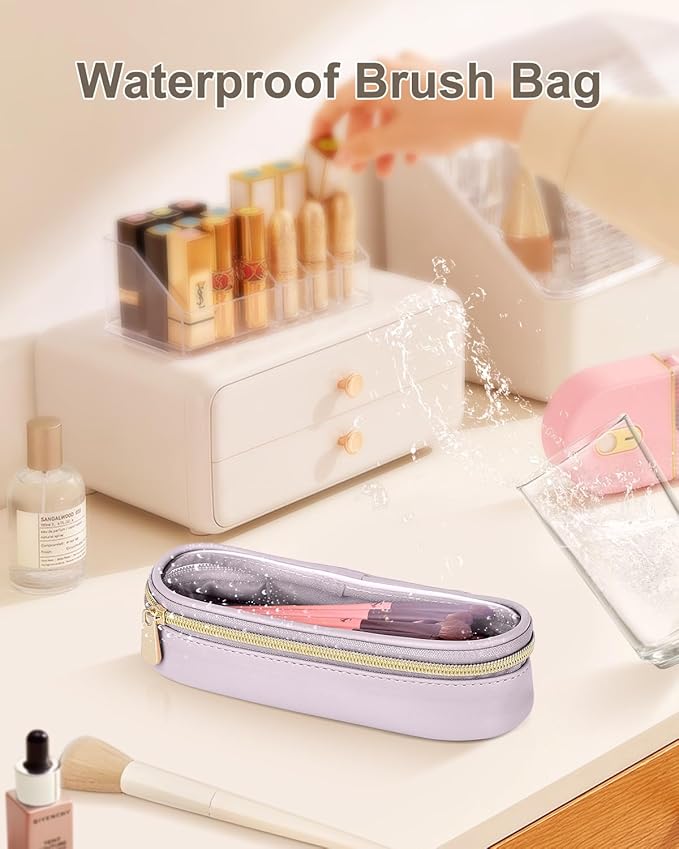 Soimeat Clear Travel Makeup Brush Holder, Leather Makeup Brush Toiletry Bag, Portable Cosmetic Brush Case, Transparent Waterproof Makeup Brush Storage Bag, Purple