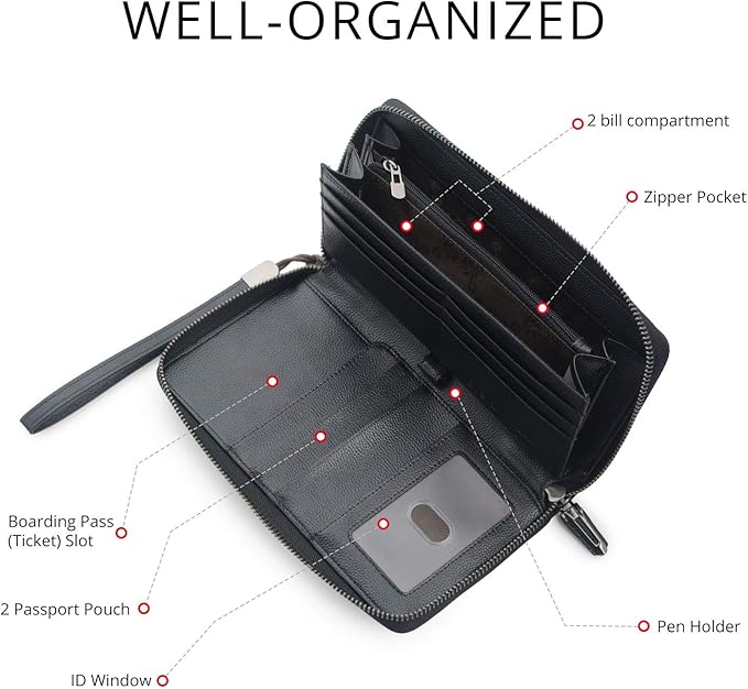 Travel Document Organizer RFID Blocking Leather Multiple Passport Wallet Family Holder Id Wrist Strap(Black)