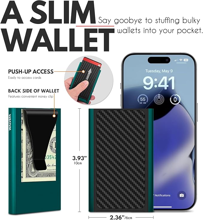 Pop Up Card Holder Wallet,Slim Minimalist Wallet for Men with Money Clip,Aluminum Front Pocket Mens Wallets,RFID Blocking Metal Card Case Stealth Wallet,Holds 6 Cards and Cash(Green)