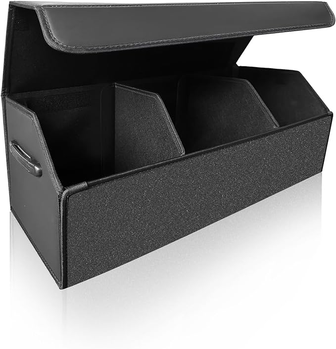 Fyzeoty Car Organizers for Trunk for Suv Sedan, Leather Storage Box,Extra Large,Magnetic Lid,Collapsible and Adjustable, S004, Black