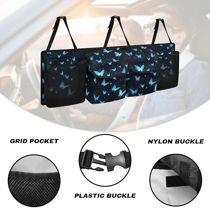 Blue Butterfly Print Car Trunk Organizer with 4 Pockets Hanging Car Backseat Storage Bag Detachable Car Storage Accessories for SUV Sedans Hatchback Crossover Minivan