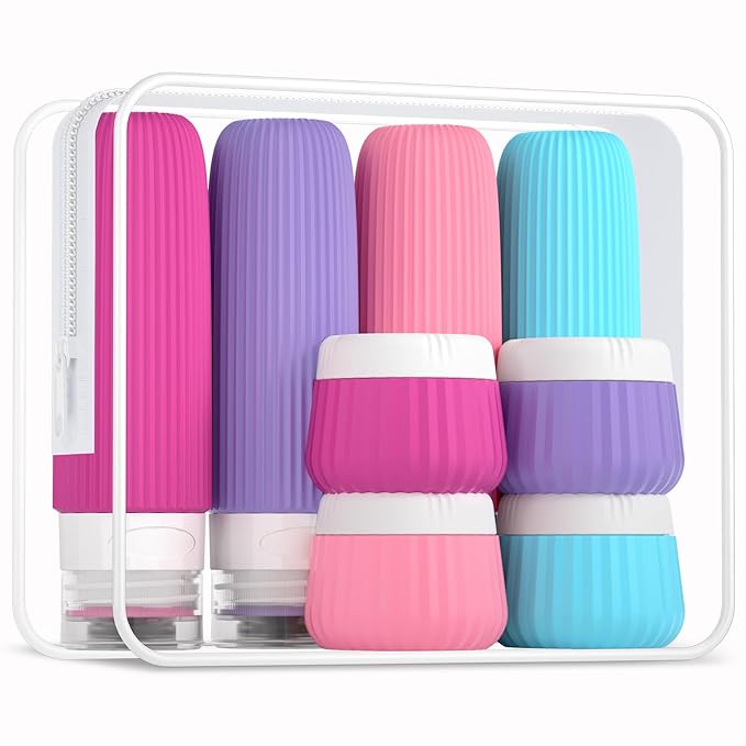 Mrsdry Travel Bottles for Toiletries 8 Pack, Tsa Approved Travel Size Toiletries 3 oz, Travel Containers for Toiletries, with Clear Bag, Leak Proof Silicone Squeezable Travel Essentials Creams Jars