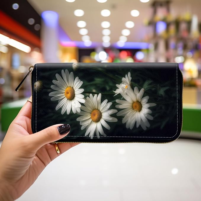 Wallet,Leather Long Wallet Suitable For Ladies And Teenagers - Detachable Wristband + RFID Travel Wallet With Card Slot - White and Yellow Daisy Flowers
