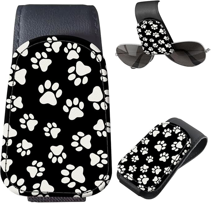 Sunglasses Holder for Car Visor, PU Leather Glasses Clip Organizer, Cute Magnetic Eyeglass Holder for Vehicle Sun Visor, Car Interior Accessory for Women & Men Black White Dog Paws