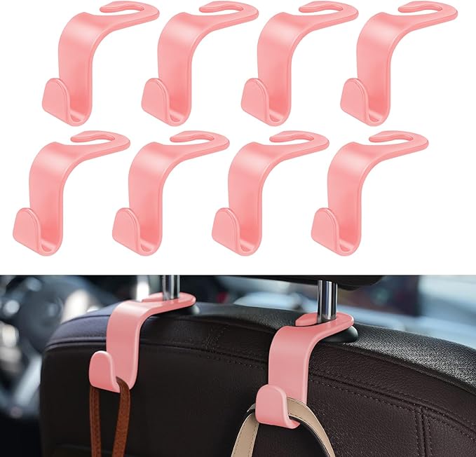 8 Pack Car Seat Headrest Hooks with 44 Pounds Load Capacity, Hangers Storage Organizer Universal Car Interior Accessories for Handbags Water Bottles Purse Coats Umbrellas, Pink