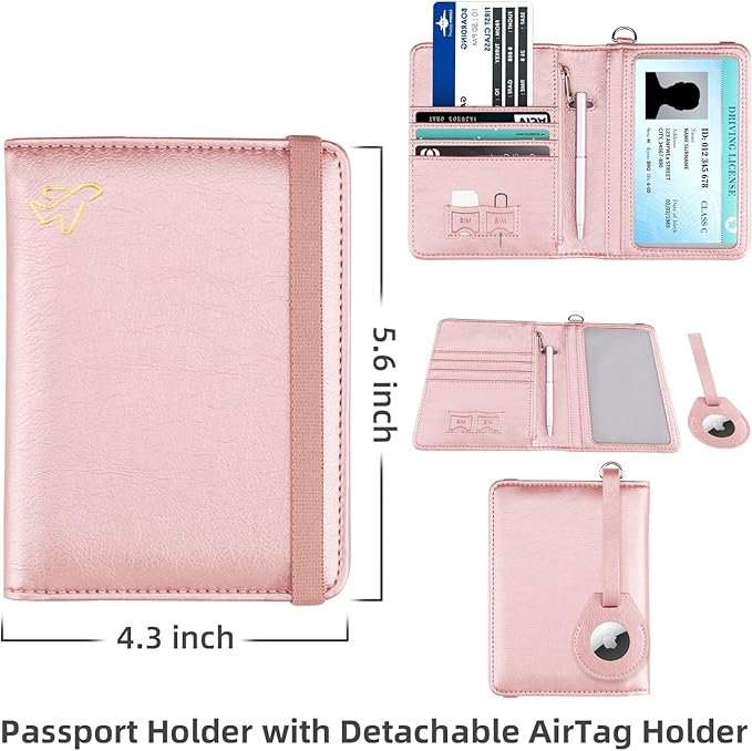 WALNEW AirTag Passport Holder, PU Leather Airtag Wallet RFID Blocking Passport Cover Travel Essentials Case for Women Men (Rosegold)