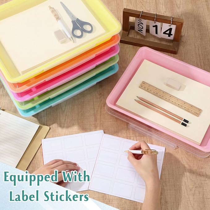 Tinlade 12 Pcs Classroom Paper Storage Bins with Clear Latching Lids Labels, Letter Size Stackable Flat Trays Container Paper Organizer for Teacher Back to School Office Arts Crafts (Macaron,13x10in)