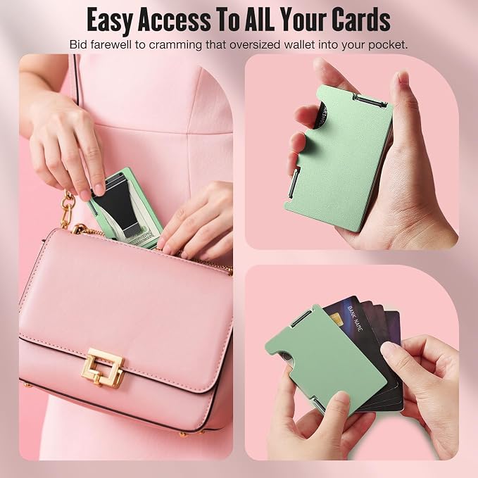 Wallet for Women, Minimalist Card Holder with Money Clip, Slim Metal Front Pocket Aluminum Wallet, Modern-Modular-Design, RFID Blocking, Green