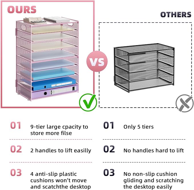 Marbrasse Paper Organizer Letter Tray, 9 Tier Mesh File Organizer with Handle, Paper Sorter Desk Organizer for Home Office Supplies - Pink