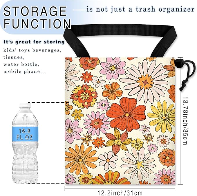 Car Trash Bag Hanging Back of Seat Waterproof Small Cute Printed One-Handed Strap Drawstring Garbage Bags for Car-Colorful Flower