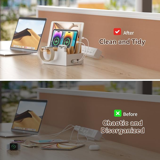 Pezin & Hulin Bamboo Charging Station for Multiple Devices with 5 Port USB Charger,5Cables,Smart Watch&Earbuds Stand, Desk Docking Stations Electronic Organizer for Cell Phone, Tablet (Natural+White)