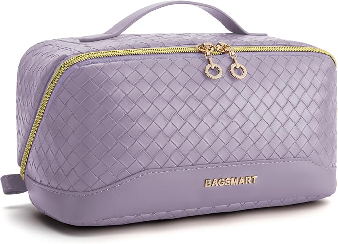 BAGSMART Makeup Bag, Travel Cosmetic Bag Organizer, PU Leather Water-Resistant Pouch, Open Flat Makeup Storage for Toiletries, Brushes, PU Leather Purple