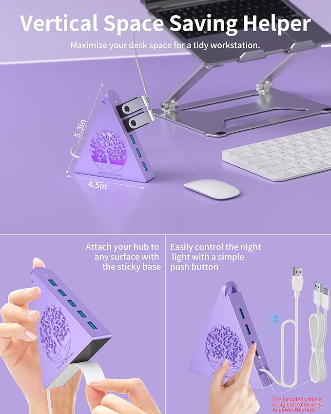 7-Port USB 3.0 Hub, Light Purple Vertical USB Splitter with Tree-Inspired RGB Lights, 5Gbps High-Speed Transfer, 2FT Cable, Compatible with MacBook, PC, Flash Drive, Console, Printer, Camera