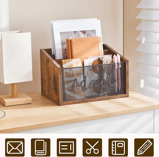 YATINEY Mail Organizer Countertop, Mail Holder with 4 Slots, Mail Sorter for Desk, Wooden Office Desk Organizer, Mail Organizer for Magazines, Files, Papers, Folders, Rustic Brown and Black MR04BR