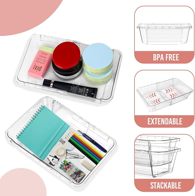 Yummy Sam 16PCS Expandable Drawer Organizers, 2-Size Clear Acrylic Storage Box, Expanding & Adjustable Drawer Organizer for Makeup, Vanity, Bathroom, Kitchen, Office